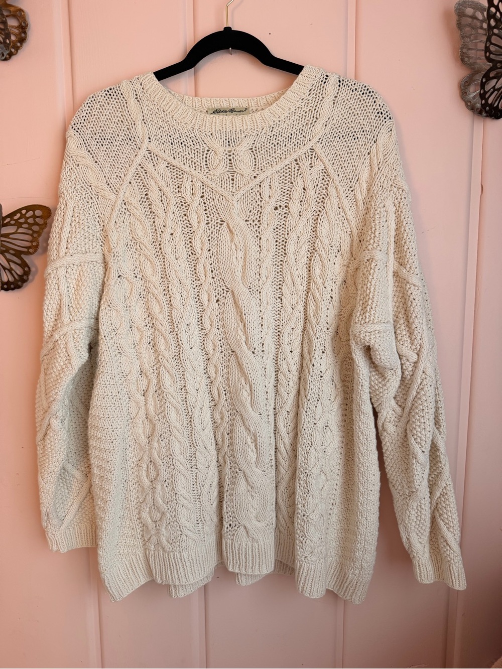 Eddie Bauer 100% Cotton Cream Cable Knit Crewneck Sweater szXL